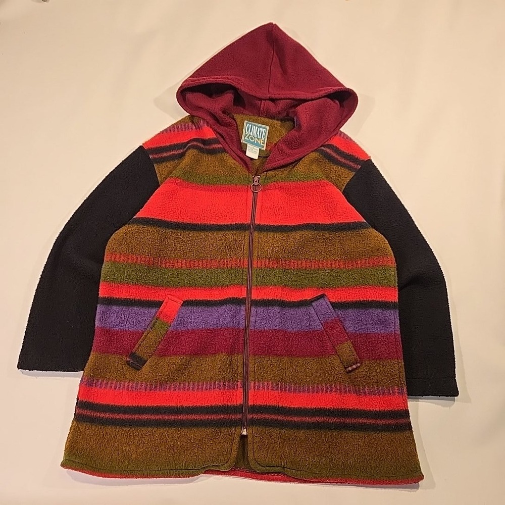VTG Climate Zone Women‎ M Fleece Hoodie Multicolor Stripe Zip Jacket Rave 1990s